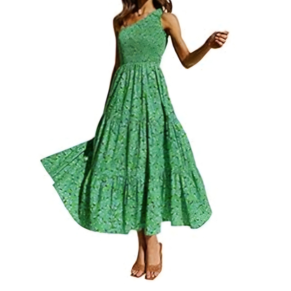 Womens L Smocked Green Floral Flowy Beach Summer Maxi Dress
